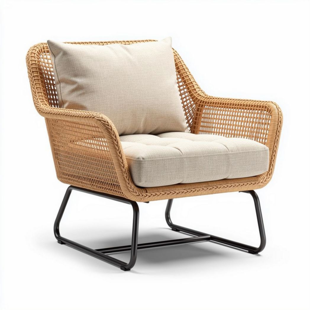 Fauteuil en rotin tressé avec coussin en tissu beige 80 x 80 x 75cm