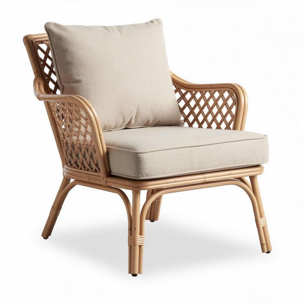 Fauteuil en rotin tressé avec coussin en tissu écru dimensions 70 x 80 x 85cm