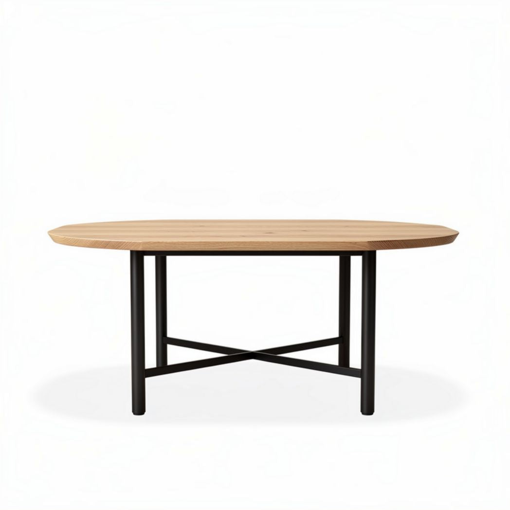 Table ovale en bois naturel avec pieds en métal noir 150 x 90 x 75cm